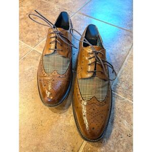 Vintage Foundry Co Mens Tan Leather Plaid Wingtip Oxfords 10.5